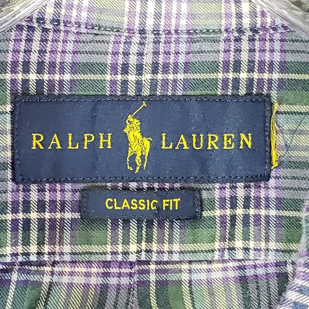 Polo Ralph Lauren Shirt Oxford Button Down Purple Green Plaid LS Size Large L ?